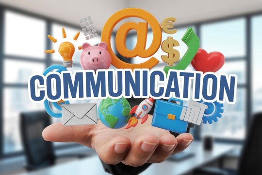 A hand holds a collection of icons representing communication and ideas against a blurred office background.