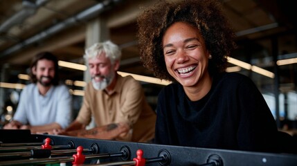 Woman smiling at camera, playing pool with friends.