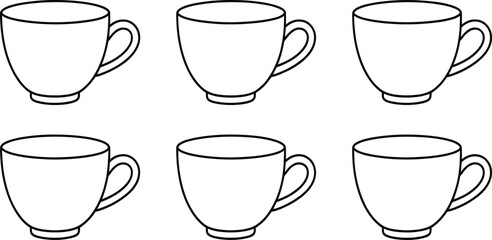 Coffee cup line art set, vector tea mug outlines, simple kitchen drinkware icons, black and white illustrations.
