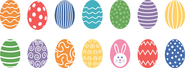 Colorful Easter egg vector set, decorated holiday pattern collection, spring season festival food, painted geometric design.