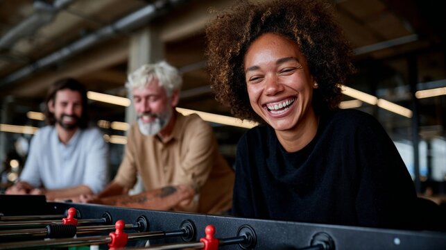 Woman smiling at camera, playing pool with friends.