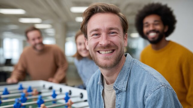 Three people playing foosball in an office setting. - Powered by Adobe