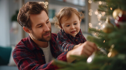 Faceless man playing with daughter near Christmas tree, winter father bonding, holiday family time, seasonal home activity, defocused ornaments background , with copy space