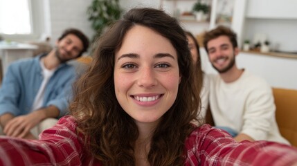 Woman taking selfie with family in living room.