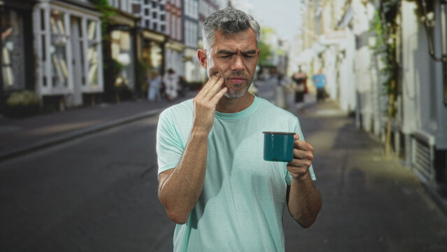 Middle aged man touching cheek while holding teal mug in casual t shirt on a pedestrian shopping street; pensive reflection. - Powered by Adobe