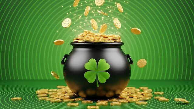 Pot of Gold with Four Leaf Clover and Golden Coins Representing St Patricks Day Celebrations and Irish Folklore Traditions Featuring a Green Background and Sparkly Magic