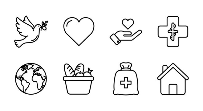 Charity and peace icons: dove, heart, cross, earth, and more in linear style
