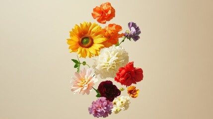 Vibrant collection of colorful flowers, including gerbera, dahlia, and ranunculus, floating against a soft, light beige background