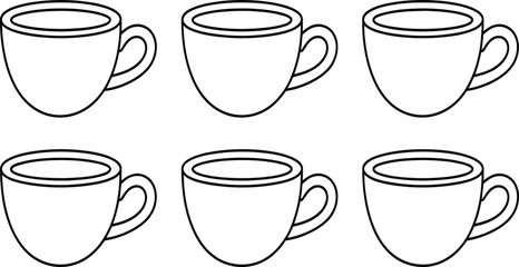 Minimalist coffee cup line art set, vector tea mug icon collection, simple kitchen drinkware illustration.