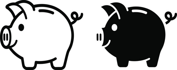 Piggy bank icon set, outline and silhouette vector, money saving symbol, finance investment sign, simple graphic.