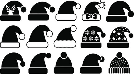 Santa hat icon set, Christmas holiday cap collection, winter costume silhouette, festive headwear black symbol.