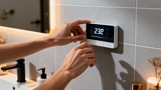Closeup of hands adjusting the thermostat for radiant underfloor heating emphasizing user control and comfort in a contemporary bathroom setting.