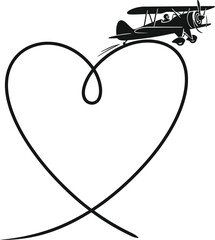 Vintage biplane flying with heart shaped smoke trail, romantic aircraft silhouette vector illustration for love and travel concept.
