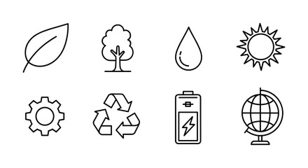 Eco-friendly icons with linear design featuring nature and sustainability symbols