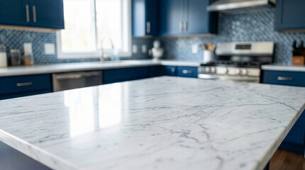 sophisticated blue marble countertop in sunlit open layout with stainless appliances and minimalist decor