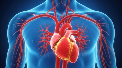 An anatomical illustration of a human heart with its surrounding vascular system.
