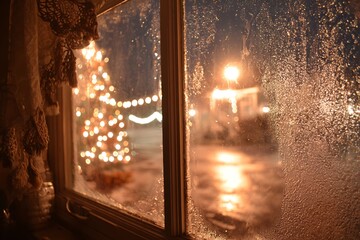 The view from inside looking out a frosty window at night, with Christmas tree lights reflected in the glass 
