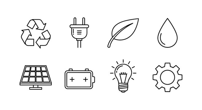 Linear icons of sustainable energy and eco elements for renewable solutions