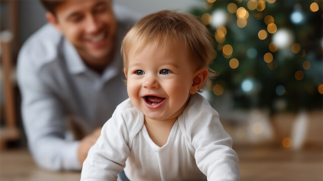 Happy laughing baby on floor with faceless father background near Christmas tree, winter home scene, holiday toddler enjoying time, seasonal crawling playing , with copy space - Powered by Adobe