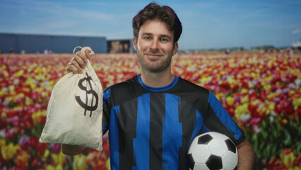 Man in blue soccer jersey holding a money bag by the drawstring and cradling a soccer ball in studio with tulip field backdrop; playful confidence.