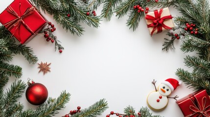 Christmas holiday frame with fir branches, red berries, gift boxes, and a snowman cookie on a white background, isolated on white background