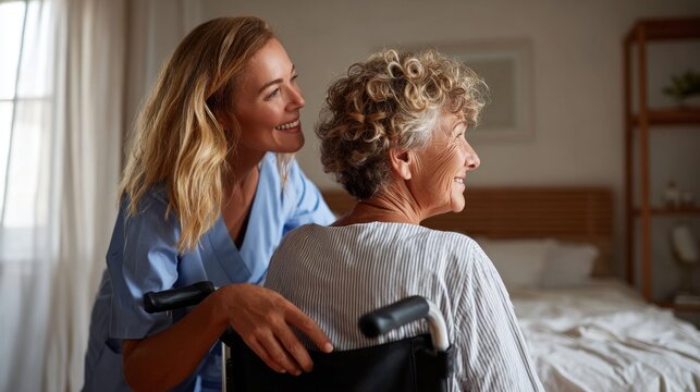 Nurse assisting elderly person in wheelchair.
