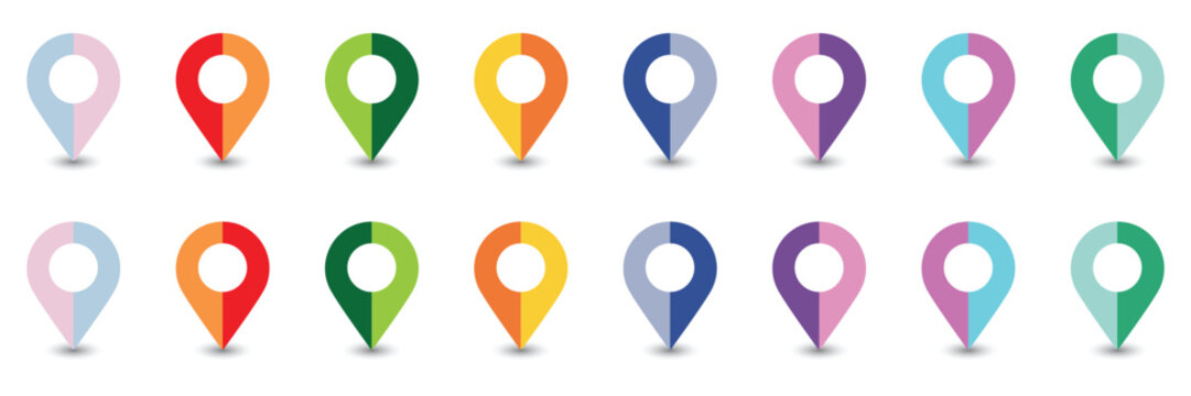 Collection of colorful map pins in a grid on a white background.