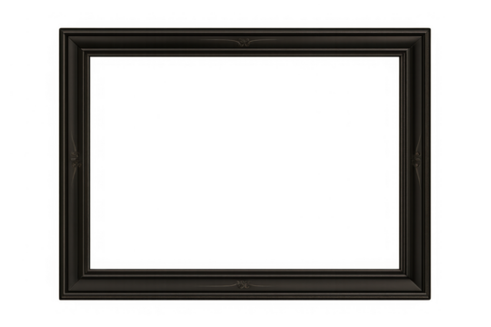 Ornate dark wood picture frame with an empty center, creating a classic decorative border on transparent background - Powered by Adobe