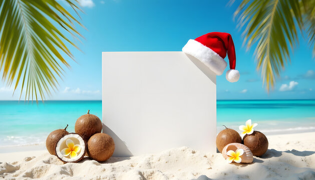 Christmas on the beach with Santa hat, coconuts, and a blank sign