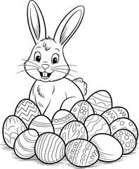 Easter bunny cartoon, decorated eggs, smiling rabbit, festive spring illustration, cute animal, holiday celebration, cheerful design, white background, joyful scene