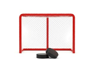 Get ready for some serious action with a hockey net and pucks on a clean white surface