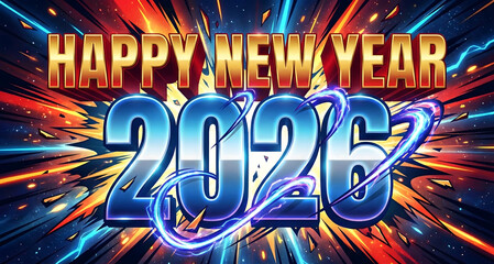 Happy new year 2026 with explosive fireworks and bold text