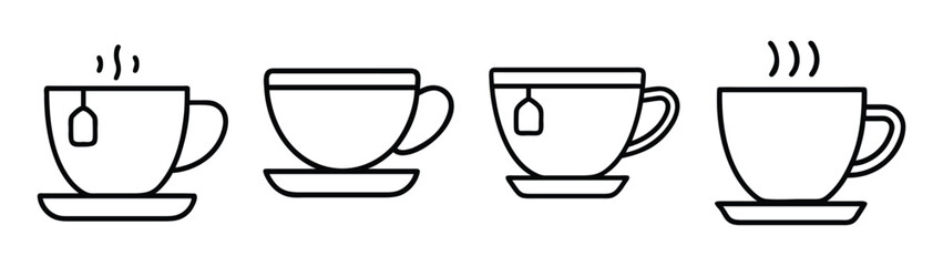 Tea cups vector illustration: hot tea, tea bags, cups, saucers, beverage, drink, black lines