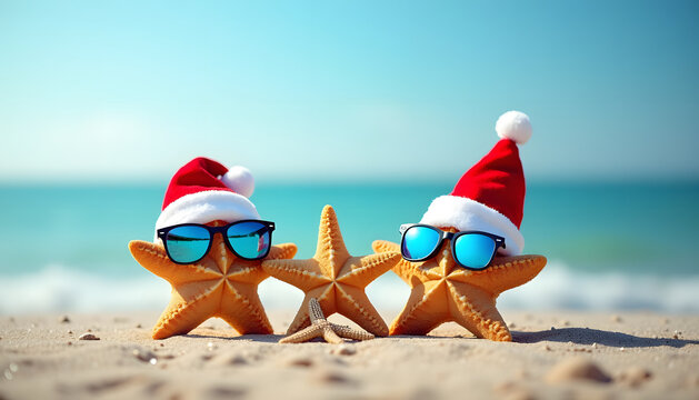 Christmas starfish on a sunny beach wearing Santa hats and sunglasses