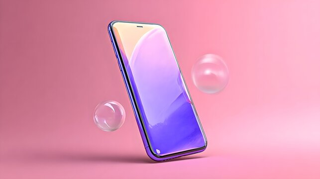 Angled view of a smartphone with gradient screen and floating bubbles around