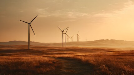 Obraz premium Several wind turbines stand silhouetted across a vast, grassy landscape during a warm sunset.