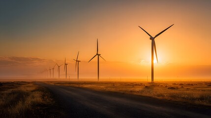 Row of tall wind turbines generates electricity across a vast, misty landscape during a brilliant sunrise