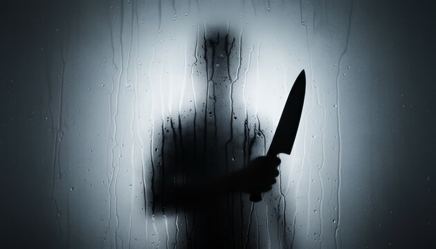 Silhouette of a dangerous person standing behind a wet, steamy glass, holding a large knife, creating a chilling atmosphere of fear, crime, and threat