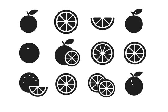 Black and white citrus fruit icons in various arrangements
