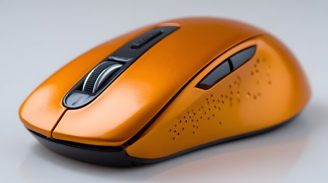 Metallic orange computer peripheral rests on a smooth, light surface in close up