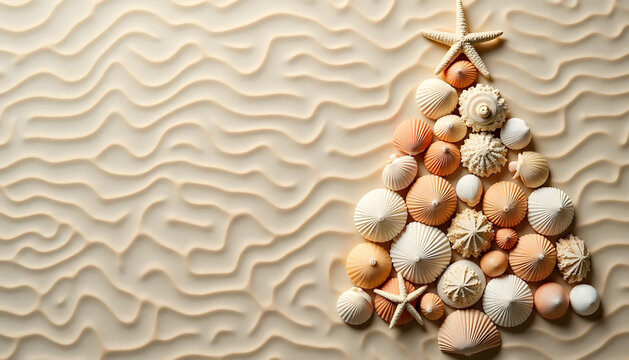 Christmas tree made of seashells on a sandy beach background - Powered by Adobe