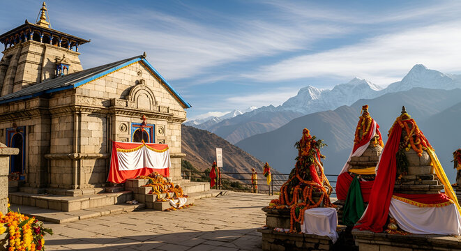 Beautiful panoramic landscape view of the Lord Shiva temple at the highest altitude of Himalaya. Snow-capped mountains from Chandrashila peak in Chopta, Uttarakhand, India
