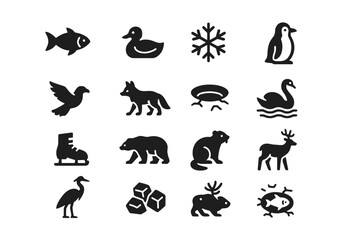 Naklejka premium Winter animal icons: birds, mammals, and fish in silhouette