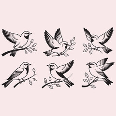 Obraz premium Collection of Six Stylized Birds on Branches sparrows leaves