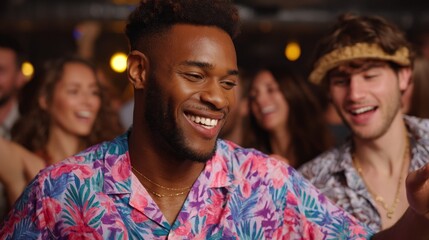 Naklejka premium Man in colorful shirtless at party.