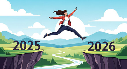 Woman leaping over a chasm, symbolizing future and new beginnings