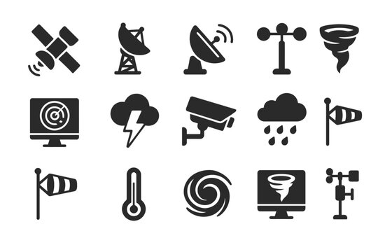 Weather and communication icons: satellite, radar, tornado, thermometer, anemometer