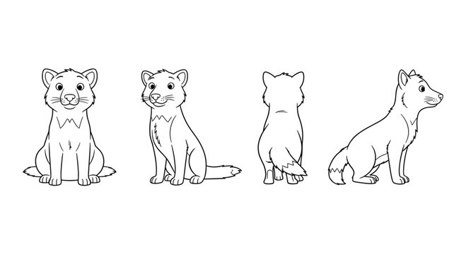 Cute ferret cartoon characters in linear outline front and side views
