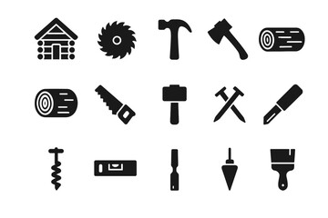 Obraz premium Silhouette icons of woodworking tools: saw, hammer, axe, log, knife, level, mallet, brush