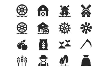 Set of agriculture icons featuring farms, crops, and farming equipment